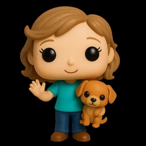Figura de estilo Funko con camiseta turquesa y un perrito en brazos