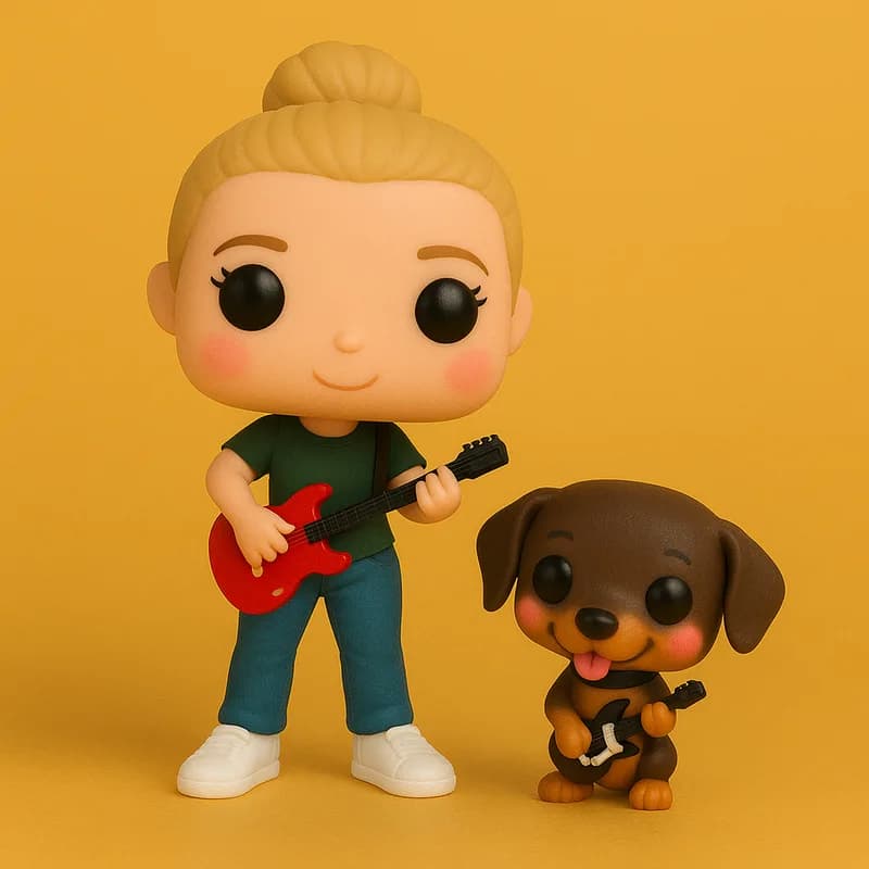 Funko personalizado de Luna guitarrista rubia con perro Toby músico - dúo musical custom Peru