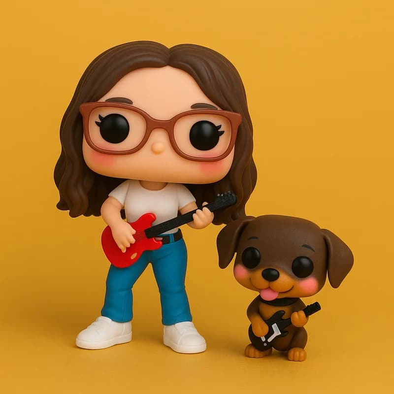 Funko personalizado de Ana guitarrista rockera con perro Rocco músico - figurita custom Peru