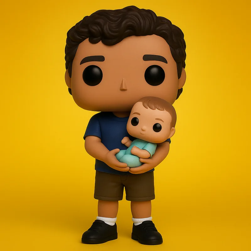 Funko personalizado de papá Miguel cargando bebé Emma en brazos - diseño familiar único