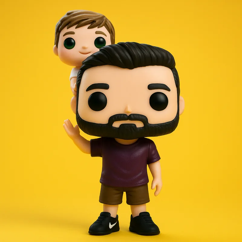 Funko personalizado de Roberto padre con bebé Mateo en su cabeza - diseño único Mi Funko Peru